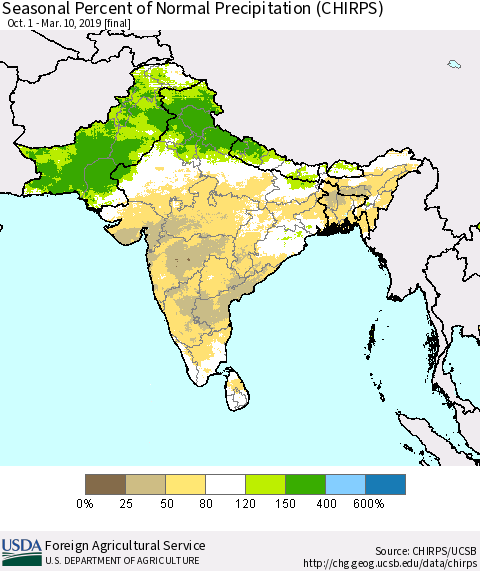 Southern Asia Seasonal Percent of Normal Precipitation (CHIRPS) Thematic Map For 10/1/2018 - 3/10/2019