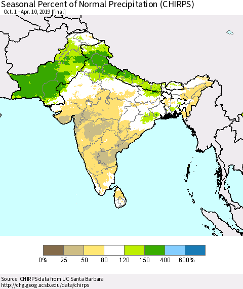 Southern Asia Seasonal Percent of Normal Precipitation (CHIRPS) Thematic Map For 10/1/2018 - 4/10/2019