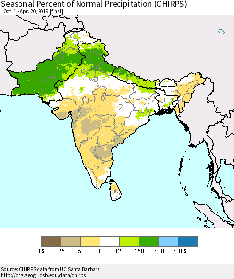 Southern Asia Seasonal Percent of Normal Precipitation (CHIRPS) Thematic Map For 10/1/2018 - 4/20/2019