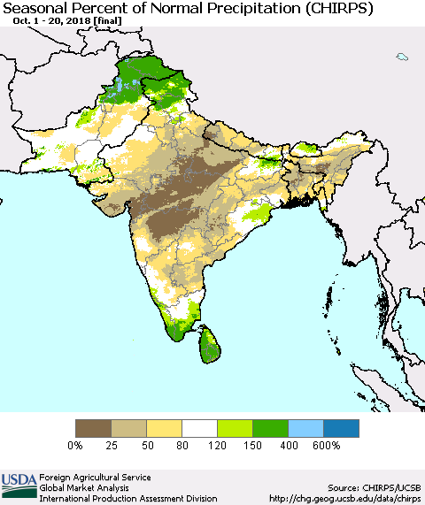 Southern Asia Seasonal Percent of Normal Precipitation (CHIRPS) Thematic Map For 10/1/2018 - 10/20/2018