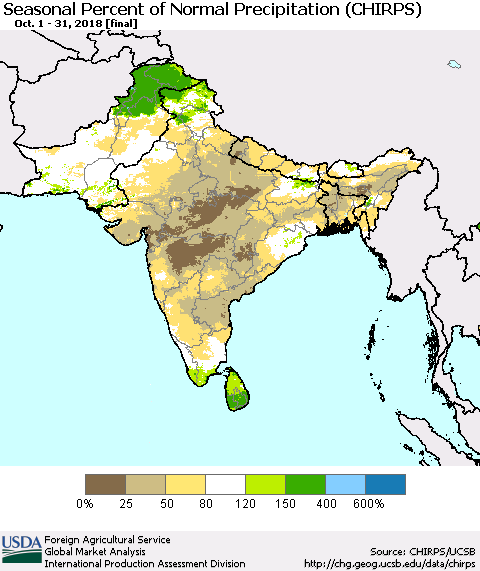 Southern Asia Seasonal Percent of Normal Precipitation (CHIRPS) Thematic Map For 10/1/2018 - 10/31/2018