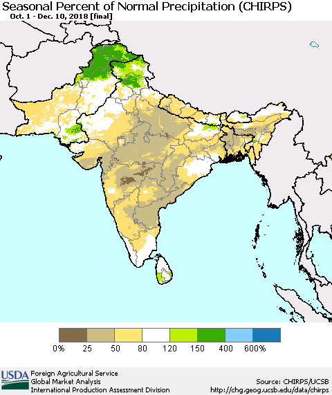 Southern Asia Seasonal Percent of Normal Precipitation (CHIRPS) Thematic Map For 10/1/2018 - 12/10/2018