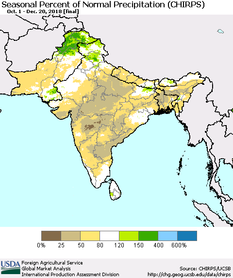 Southern Asia Seasonal Percent of Normal Precipitation (CHIRPS) Thematic Map For 10/1/2018 - 12/20/2018