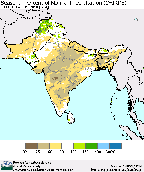 Southern Asia Seasonal Percent of Normal Precipitation (CHIRPS) Thematic Map For 10/1/2018 - 12/31/2018