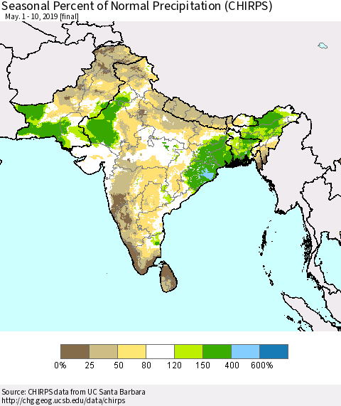 Southern Asia Seasonal Percent of Normal Precipitation (CHIRPS) Thematic Map For 5/1/2019 - 5/10/2019