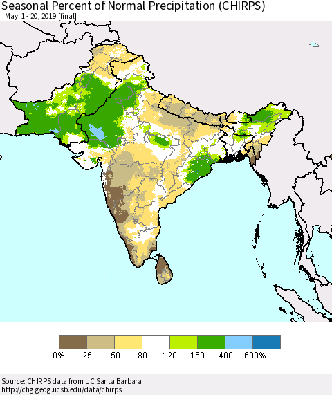 Southern Asia Seasonal Percent of Normal Precipitation (CHIRPS) Thematic Map For 5/1/2019 - 5/20/2019