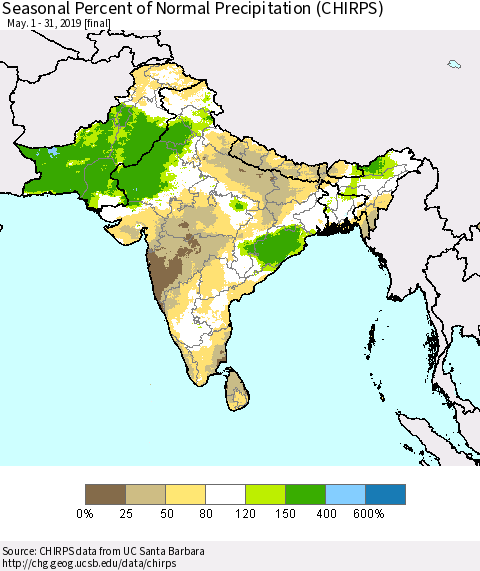 Southern Asia Seasonal Percent of Normal Precipitation (CHIRPS) Thematic Map For 5/1/2019 - 5/31/2019