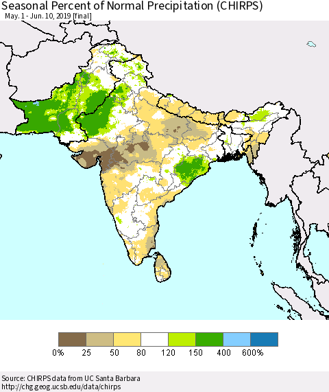 Southern Asia Seasonal Percent of Normal Precipitation (CHIRPS) Thematic Map For 5/1/2019 - 6/10/2019