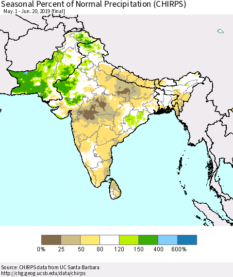 Southern Asia Seasonal Percent of Normal Precipitation (CHIRPS) Thematic Map For 5/1/2019 - 6/20/2019