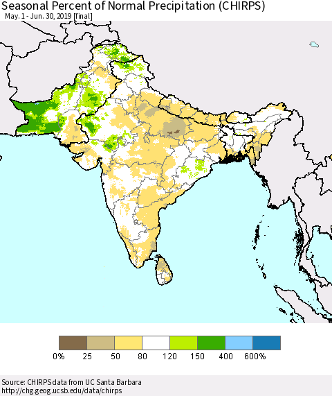 Southern Asia Seasonal Percent of Normal Precipitation (CHIRPS) Thematic Map For 5/1/2019 - 6/30/2019