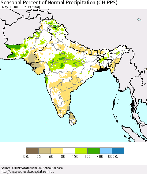 Southern Asia Seasonal Percent of Normal Precipitation (CHIRPS) Thematic Map For 5/1/2019 - 7/10/2019