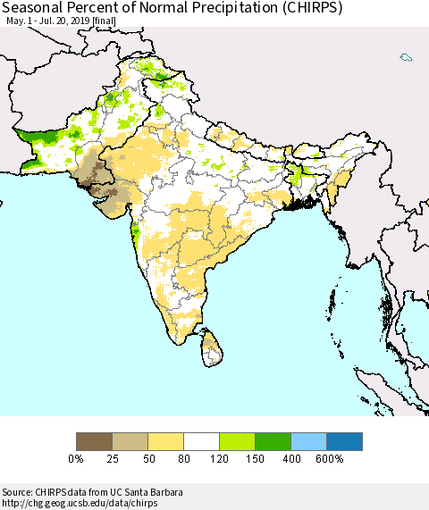 Southern Asia Seasonal Percent of Normal Precipitation (CHIRPS) Thematic Map For 5/1/2019 - 7/20/2019