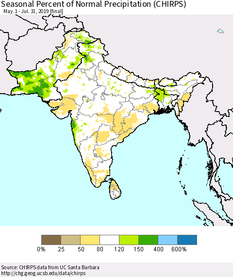 Southern Asia Seasonal Percent of Normal Precipitation (CHIRPS) Thematic Map For 5/1/2019 - 7/31/2019