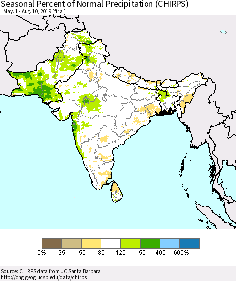 Southern Asia Seasonal Percent of Normal Precipitation (CHIRPS) Thematic Map For 5/1/2019 - 8/10/2019