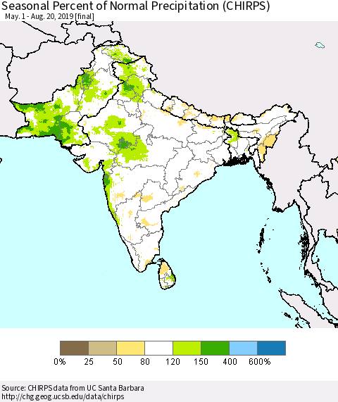 Southern Asia Seasonal Percent of Normal Precipitation (CHIRPS) Thematic Map For 5/1/2019 - 8/20/2019