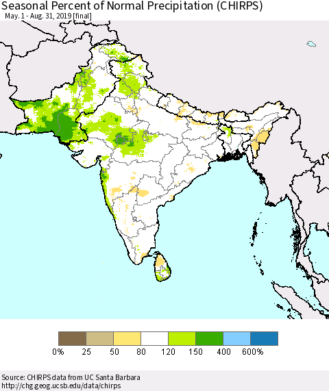 Southern Asia Seasonal Percent of Normal Precipitation (CHIRPS) Thematic Map For 5/1/2019 - 8/31/2019