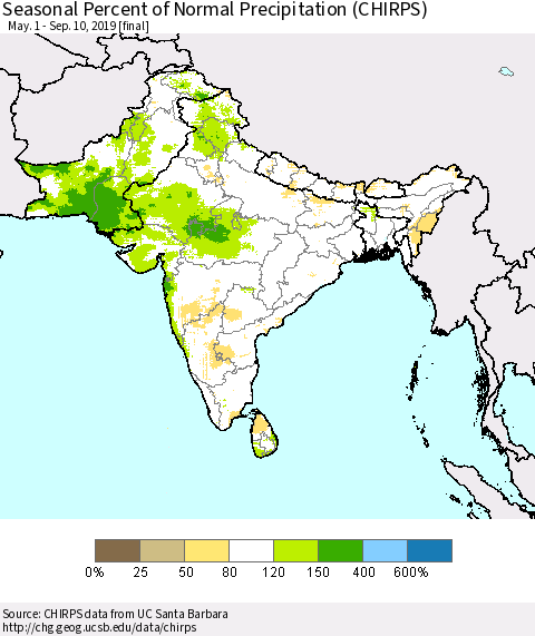Southern Asia Seasonal Percent of Normal Precipitation (CHIRPS) Thematic Map For 5/1/2019 - 9/10/2019