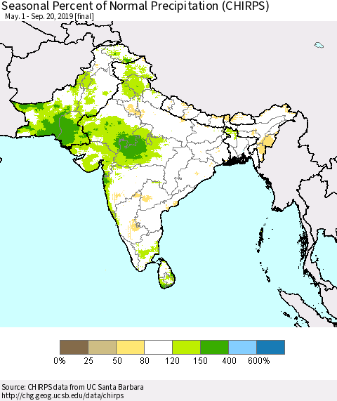 Southern Asia Seasonal Percent of Normal Precipitation (CHIRPS) Thematic Map For 5/1/2019 - 9/20/2019