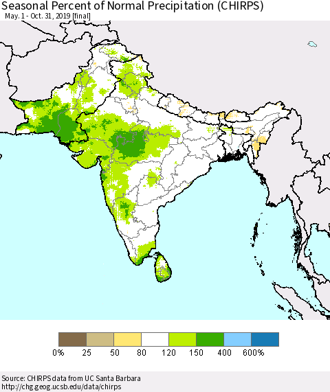 Southern Asia Seasonal Percent of Normal Precipitation (CHIRPS) Thematic Map For 5/1/2019 - 10/31/2019