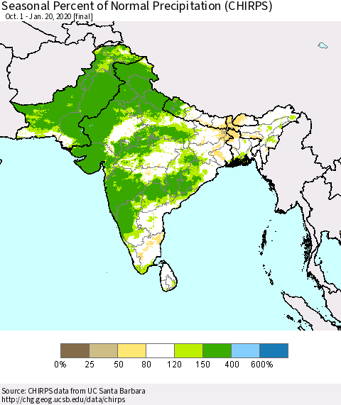 Southern Asia Seasonal Percent of Normal Precipitation (CHIRPS) Thematic Map For 10/1/2019 - 1/20/2020