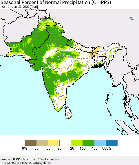 Southern Asia Seasonal Percent of Normal Precipitation (CHIRPS) Thematic Map For 10/1/2019 - 1/31/2020