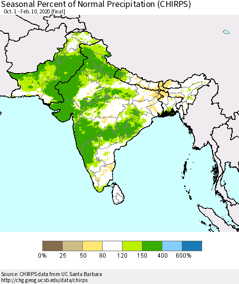 Southern Asia Seasonal Percent of Normal Precipitation (CHIRPS) Thematic Map For 10/1/2019 - 2/10/2020