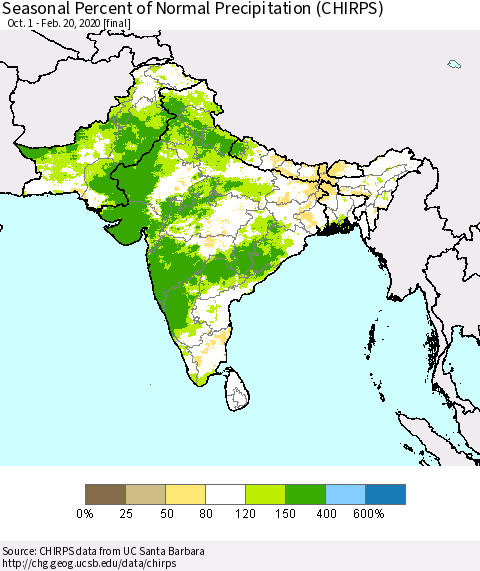 Southern Asia Seasonal Percent of Normal Precipitation (CHIRPS) Thematic Map For 10/1/2019 - 2/20/2020