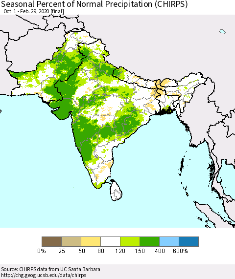 Southern Asia Seasonal Percent of Normal Precipitation (CHIRPS) Thematic Map For 10/1/2019 - 2/29/2020