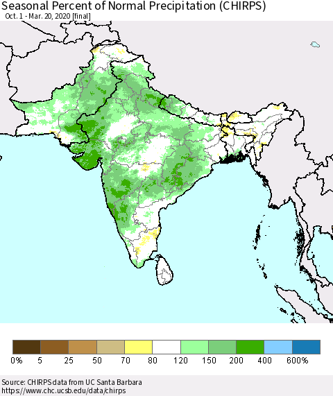 Southern Asia Seasonal Percent of Normal Precipitation (CHIRPS) Thematic Map For 10/1/2019 - 3/20/2020