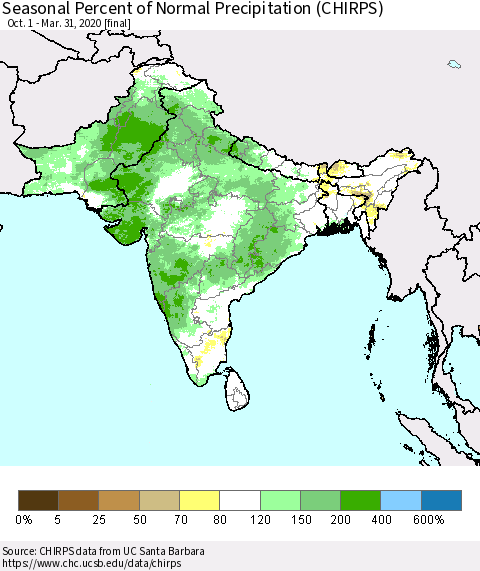 Southern Asia Seasonal Percent of Normal Precipitation (CHIRPS) Thematic Map For 10/1/2019 - 3/31/2020
