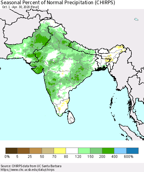 Southern Asia Seasonal Percent of Normal Precipitation (CHIRPS) Thematic Map For 10/1/2019 - 4/30/2020