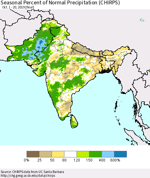 Southern Asia Seasonal Percent of Normal Precipitation (CHIRPS) Thematic Map For 10/1/2019 - 10/20/2019