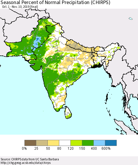 Southern Asia Seasonal Percent of Normal Precipitation (CHIRPS) Thematic Map For 10/1/2019 - 11/10/2019