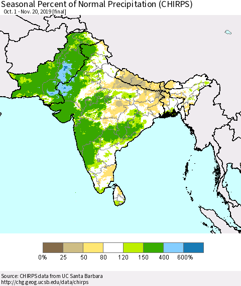 Southern Asia Seasonal Percent of Normal Precipitation (CHIRPS) Thematic Map For 10/1/2019 - 11/20/2019
