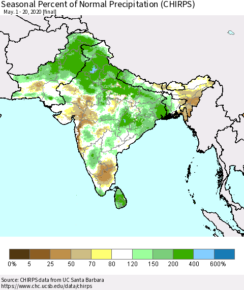 Southern Asia Seasonal Percent of Normal Precipitation (CHIRPS) Thematic Map For 5/1/2020 - 5/20/2020