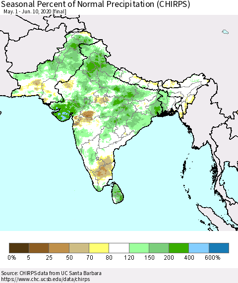 Southern Asia Seasonal Percent of Normal Precipitation (CHIRPS) Thematic Map For 5/1/2020 - 6/10/2020