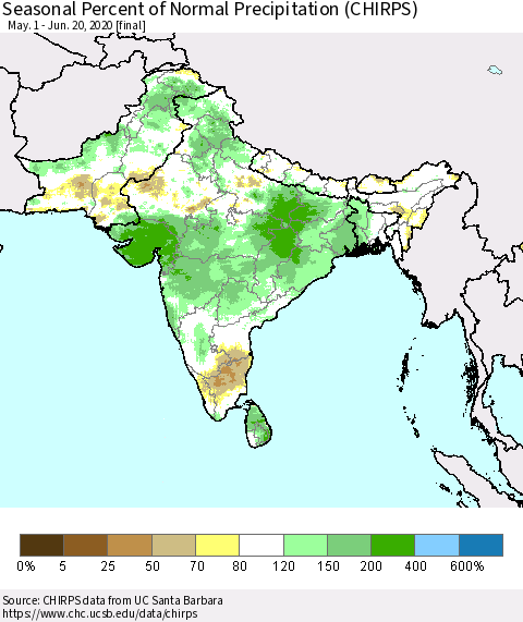 Southern Asia Seasonal Percent of Normal Precipitation (CHIRPS) Thematic Map For 5/1/2020 - 6/20/2020