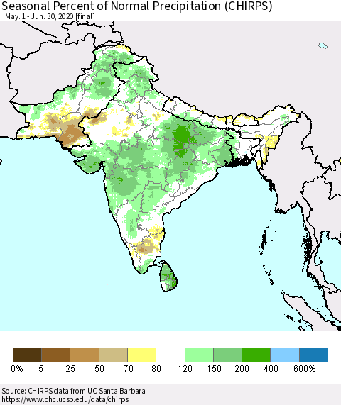 Southern Asia Seasonal Percent of Normal Precipitation (CHIRPS) Thematic Map For 5/1/2020 - 6/30/2020