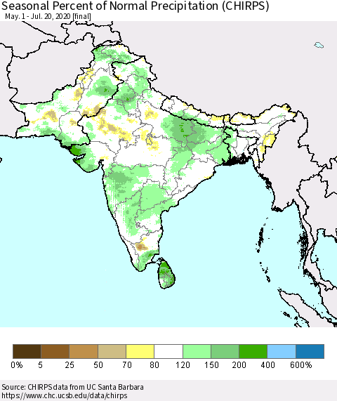Southern Asia Seasonal Percent of Normal Precipitation (CHIRPS) Thematic Map For 5/1/2020 - 7/20/2020