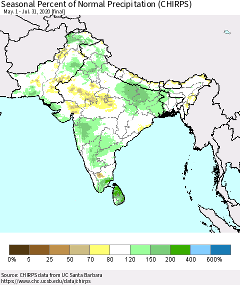 Southern Asia Seasonal Percent of Normal Precipitation (CHIRPS) Thematic Map For 5/1/2020 - 7/31/2020