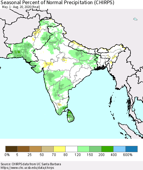 Southern Asia Seasonal Percent of Normal Precipitation (CHIRPS) Thematic Map For 5/1/2020 - 8/20/2020