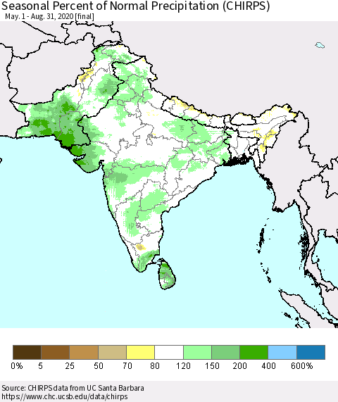 Southern Asia Seasonal Percent of Normal Precipitation (CHIRPS) Thematic Map For 5/1/2020 - 8/31/2020