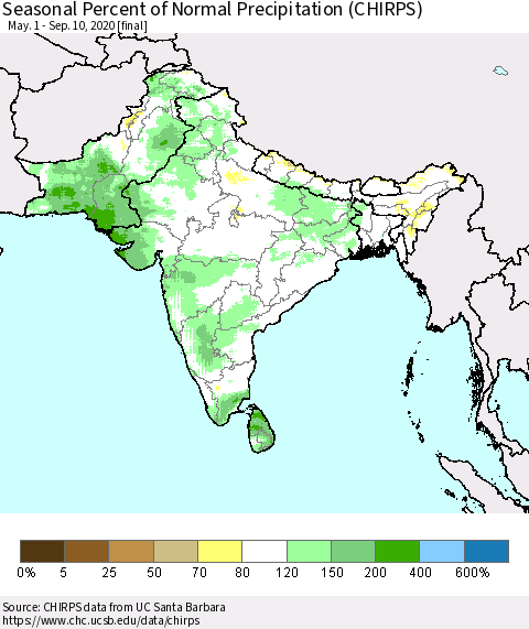 Southern Asia Seasonal Percent of Normal Precipitation (CHIRPS) Thematic Map For 5/1/2020 - 9/10/2020