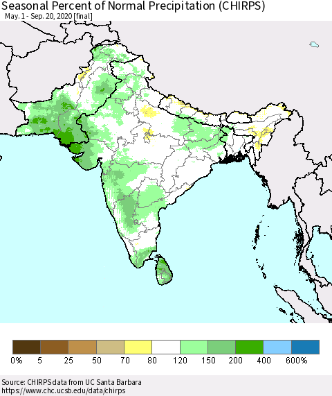 Southern Asia Seasonal Percent of Normal Precipitation (CHIRPS) Thematic Map For 5/1/2020 - 9/20/2020