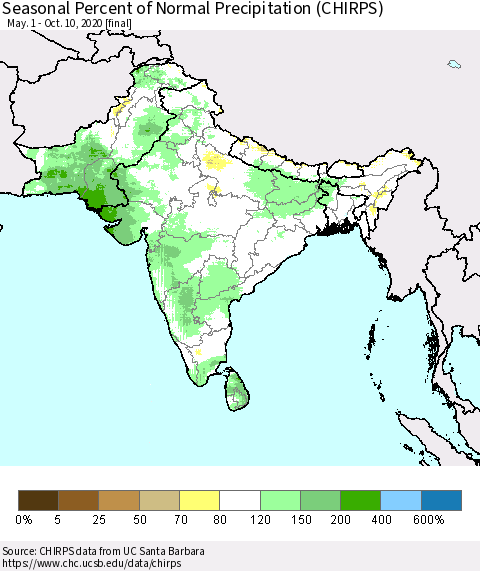 Southern Asia Seasonal Percent of Normal Precipitation (CHIRPS) Thematic Map For 5/1/2020 - 10/10/2020