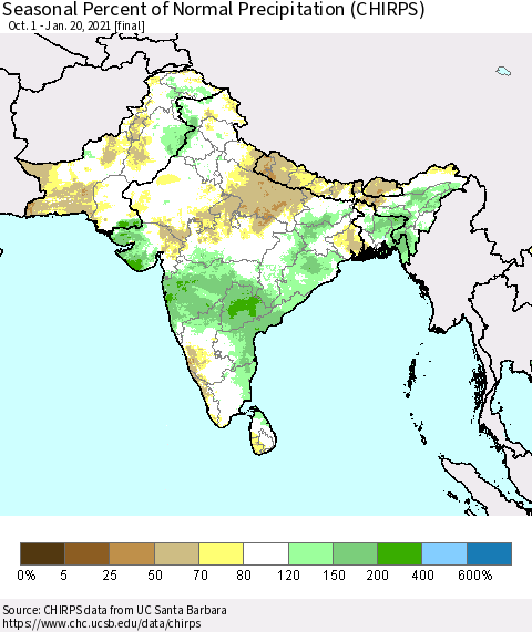 Southern Asia Seasonal Percent of Normal Precipitation (CHIRPS) Thematic Map For 10/1/2020 - 1/20/2021