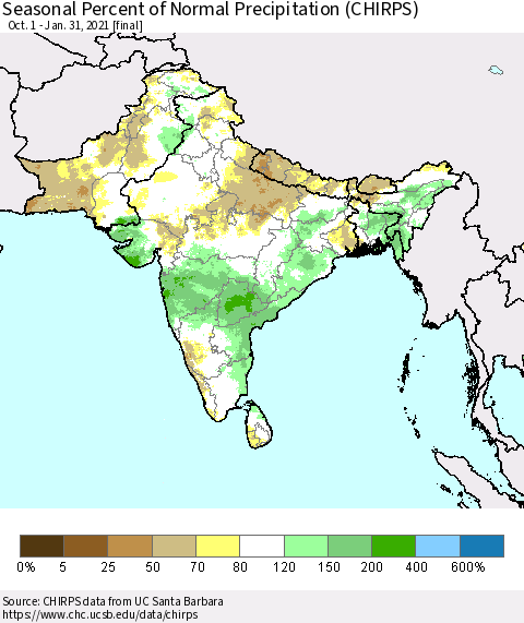 Southern Asia Seasonal Percent of Normal Precipitation (CHIRPS) Thematic Map For 10/1/2020 - 1/31/2021