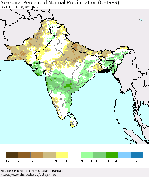 Southern Asia Seasonal Percent of Normal Precipitation (CHIRPS) Thematic Map For 10/1/2020 - 2/10/2021