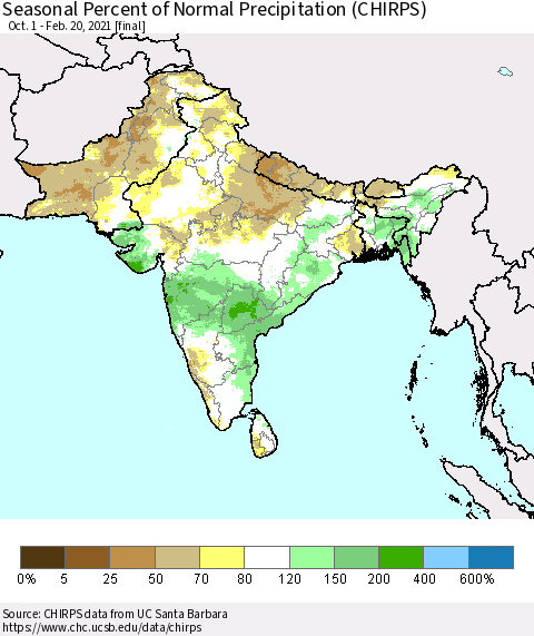 Southern Asia Seasonal Percent of Normal Precipitation (CHIRPS) Thematic Map For 10/1/2020 - 2/20/2021
