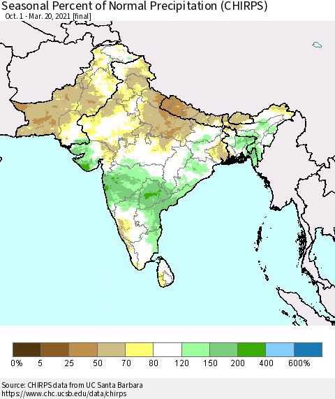 Southern Asia Seasonal Percent of Normal Precipitation (CHIRPS) Thematic Map For 10/1/2020 - 3/20/2021